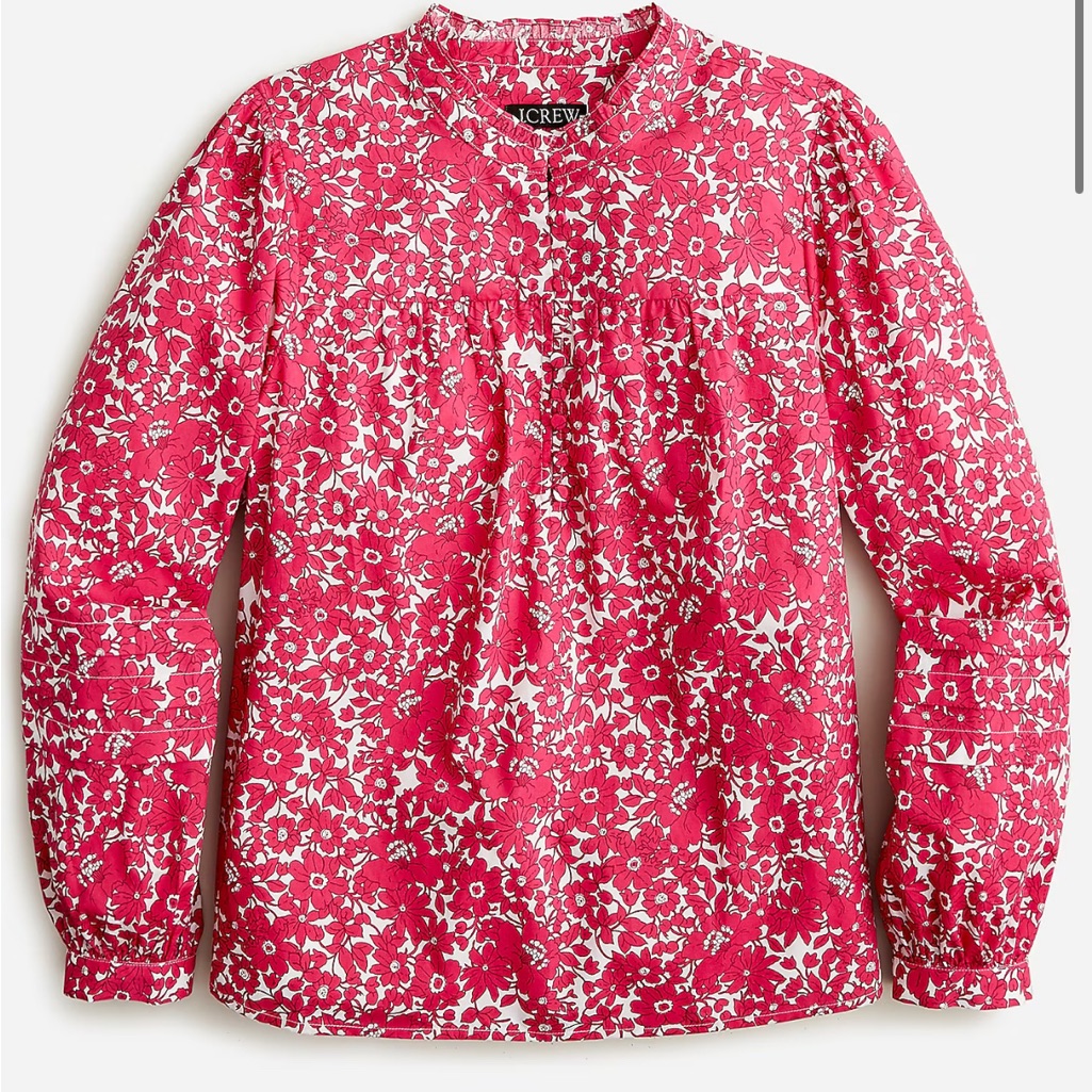 J.Crew Button-Front Ruffleneck Floral Popover Blouse Blushing Meadow Size L